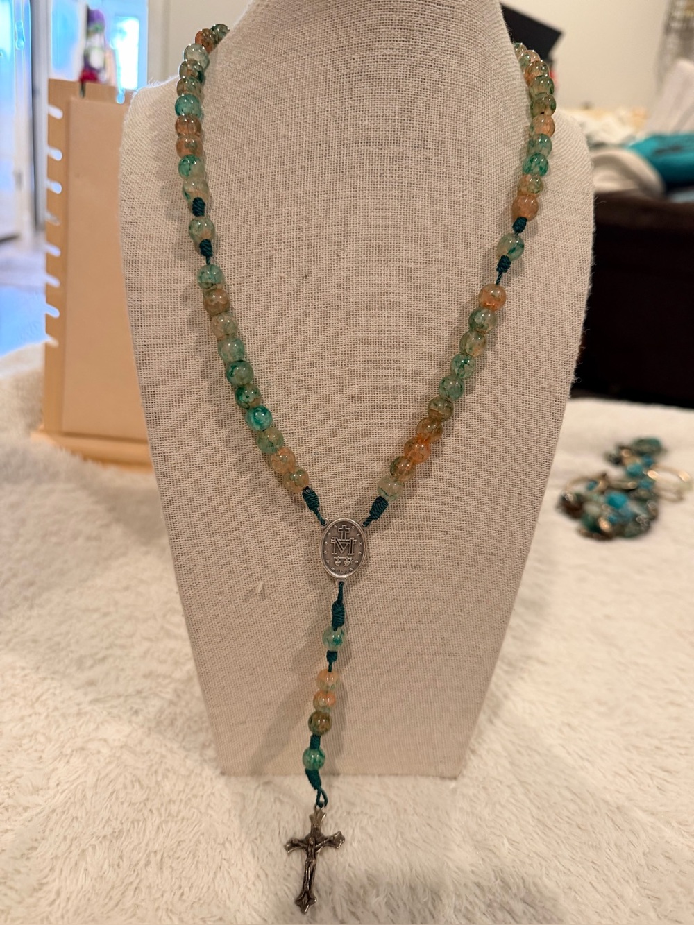 handcrafted Catholic rosary green & brown Indian agate beads, Miraculous Medal - Picture 3 of 7